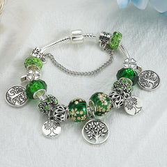 Silver Tree of Life Green Bead Bracelet