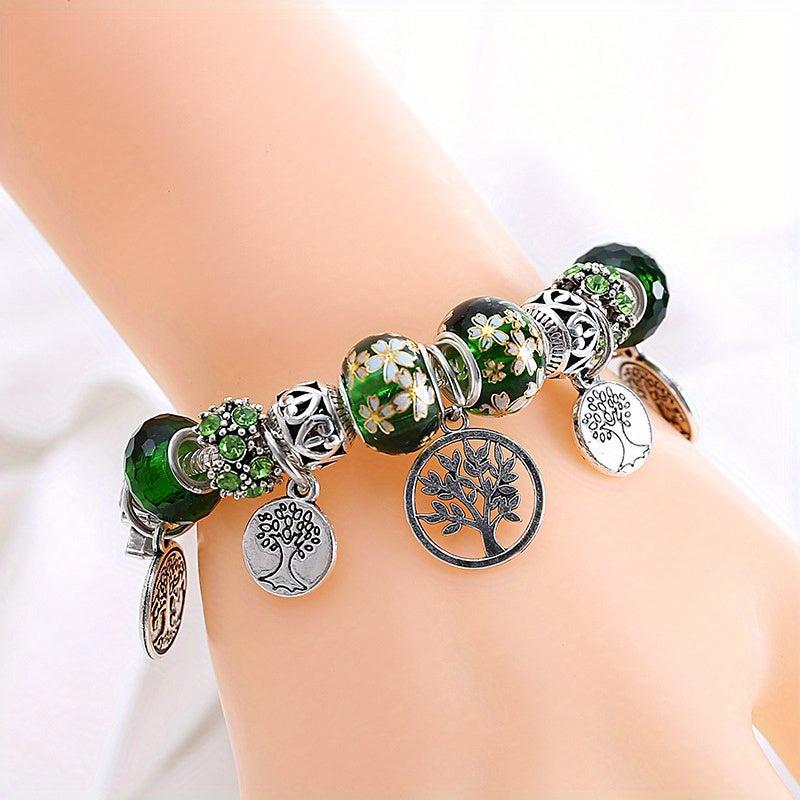 Silver Tree of Life Green Bead Bracelet