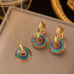 Vintage Flower Pattern Pendant Necklace Earrings Set