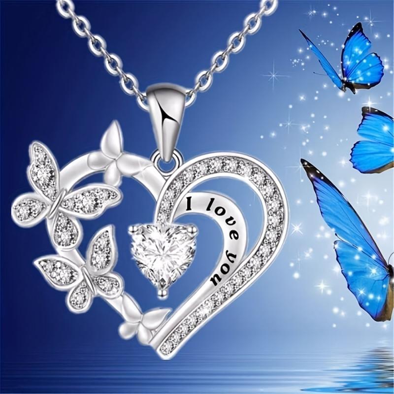 Heart Amethyst Butterfly Pendant Necklace For Women Girls Party Jewelry
