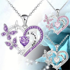 Heart Amethyst Butterfly Pendant Necklace For Women Girls Party Jewelry