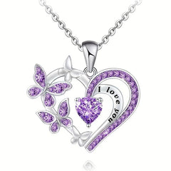 Heart Amethyst Butterfly Pendant Necklace For Women Girls Party Jewelry