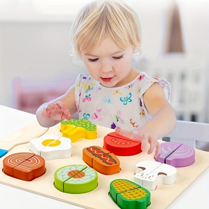 Wooden Fruit & Veg Play Food Set w/ Cutting Board, Pre-Cut Toy Kitchen Pieces