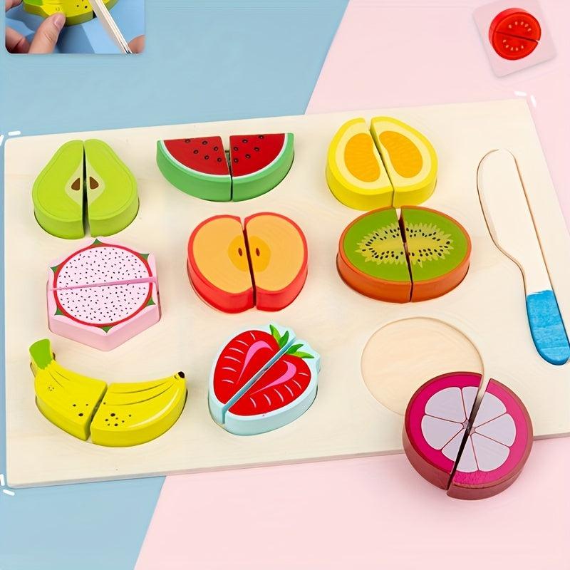 Wooden Fruit & Veg Play Food Set w/ Cutting Board, Pre-Cut Toy Kitchen Pieces