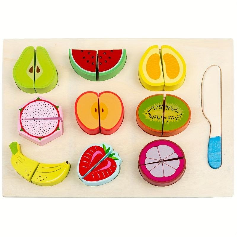 Wooden Fruit & Veg Play Food Set w/ Cutting Board, Pre-Cut Toy Kitchen Pieces