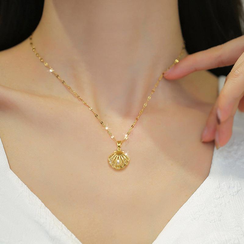 Micro Embedded Crystal Pearl Necklace Stainless Steel Chain Jewelry