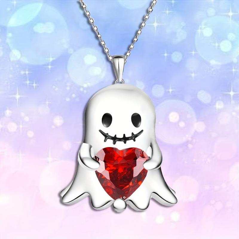 Stunning Red Heart Gemstone Ghost Pendant Necklace