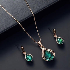 Green Water Droplet Necklace Earrings Set