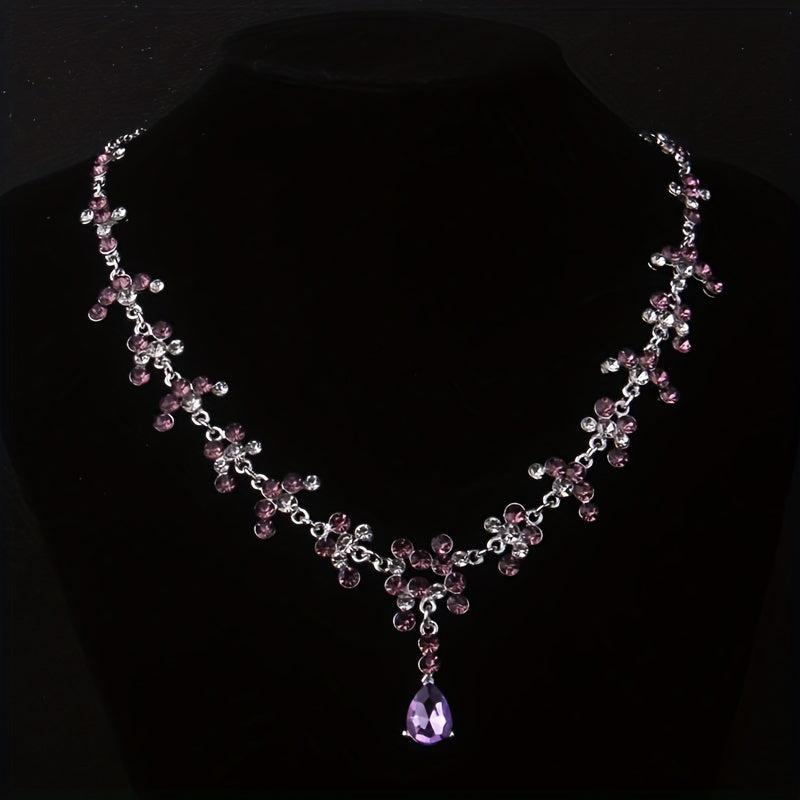 Purple Rhinestone Necklace Earring Set Bridal Jewelry Wedding Chain