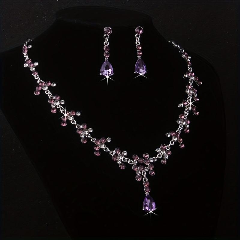 Purple Rhinestone Necklace Earring Set Bridal Jewelry Wedding Chain