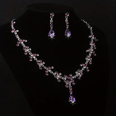 Purple Rhinestone Necklace Earring Set Bridal Jewelry Wedding Chain