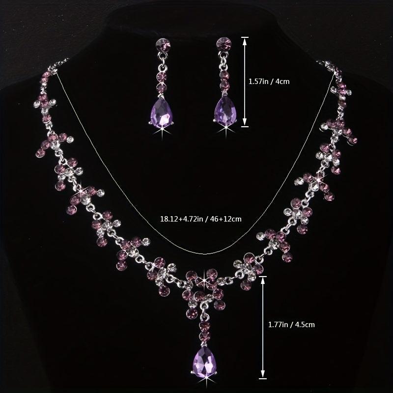 Purple Rhinestone Necklace Earring Set Bridal Jewelry Wedding Chain