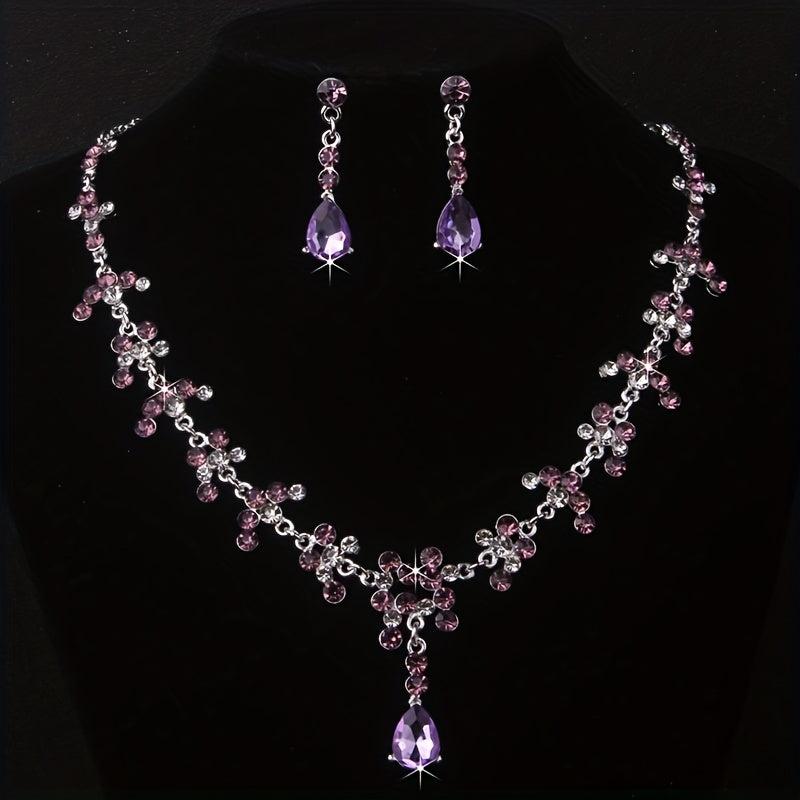 Purple Rhinestone Necklace Earring Set Bridal Jewelry Wedding Chain