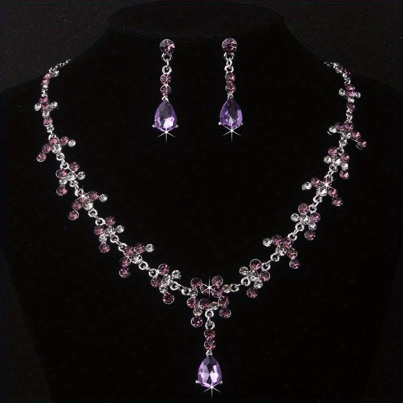 Purple Rhinestone Necklace Earring Set Bridal Jewelry Wedding Chain
