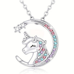 Sparkling Moon Unicorn Pendant Necklace Animal Jewelry