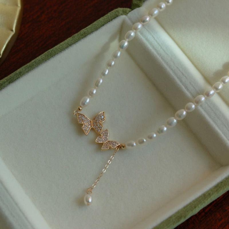 Retro Butterfly Pearl Necklace Collar Chain for Girls