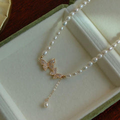Retro Butterfly Pearl Necklace Collar Chain for Girls