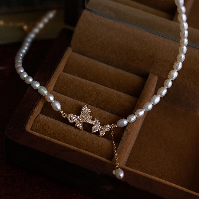 Retro Butterfly Pearl Necklace Collar Chain for Girls