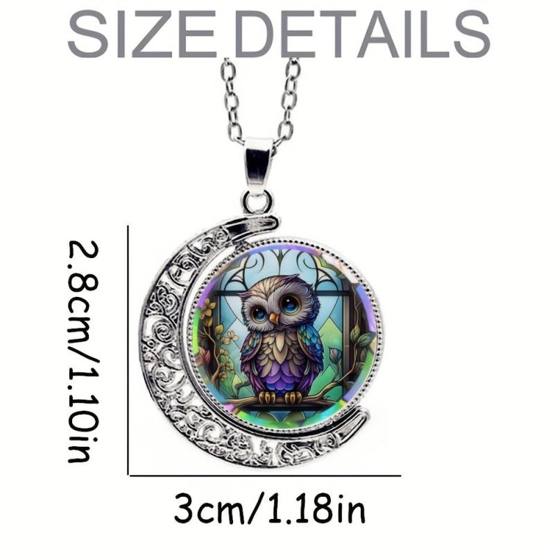 Cartoon Owl Crescent Moon Half Moon Crystal Pendant Necklace