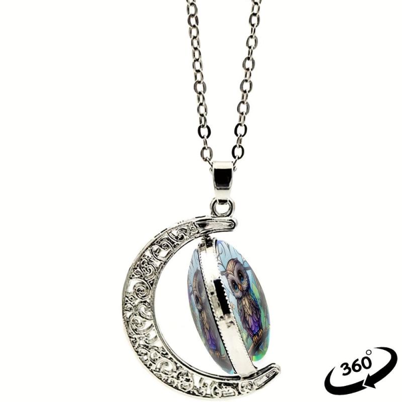 Cartoon Owl Crescent Moon Half Moon Crystal Pendant Necklace