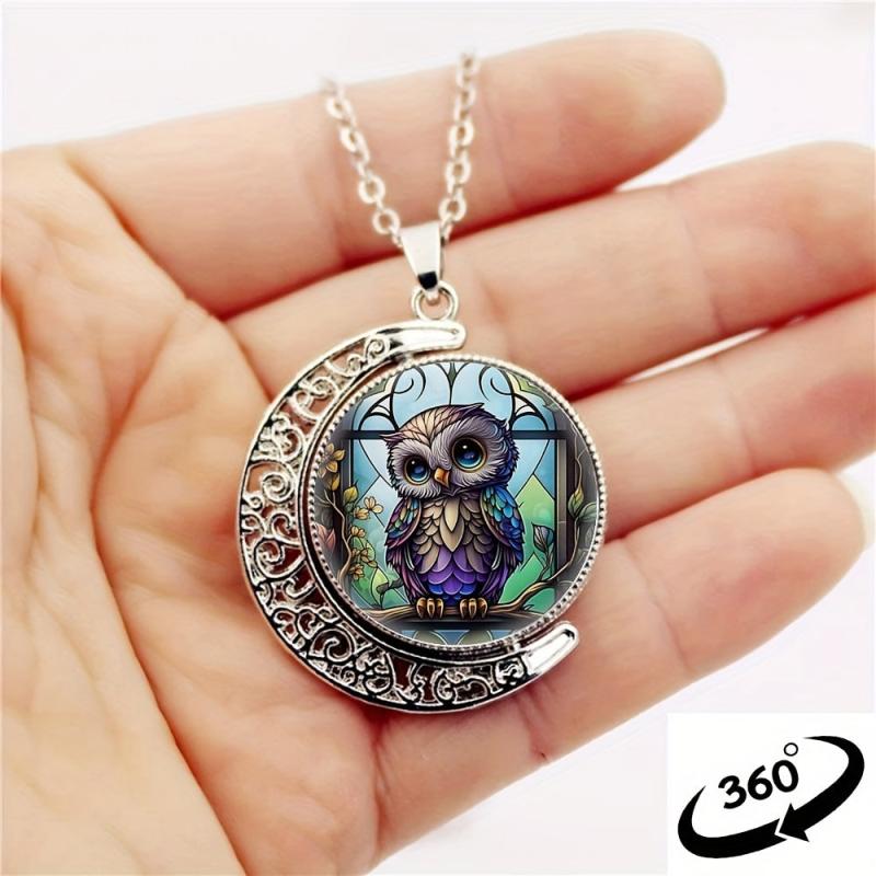 Cartoon Owl Crescent Moon Half Moon Crystal Pendant Necklace