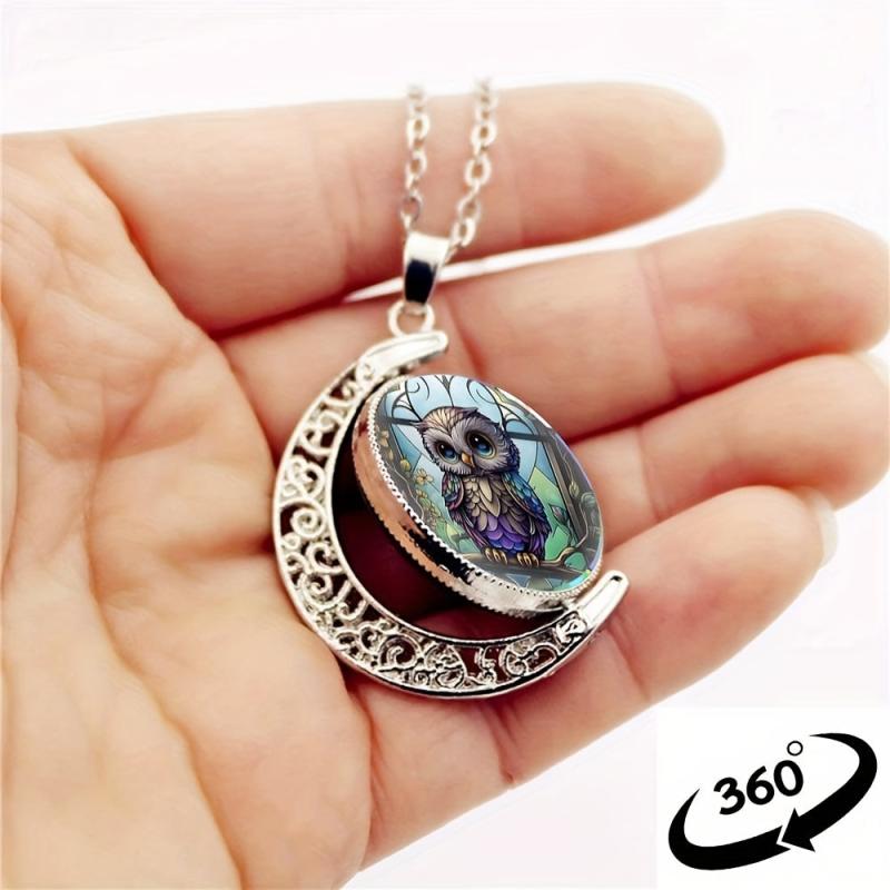 Cartoon Owl Crescent Moon Half Moon Crystal Pendant Necklace