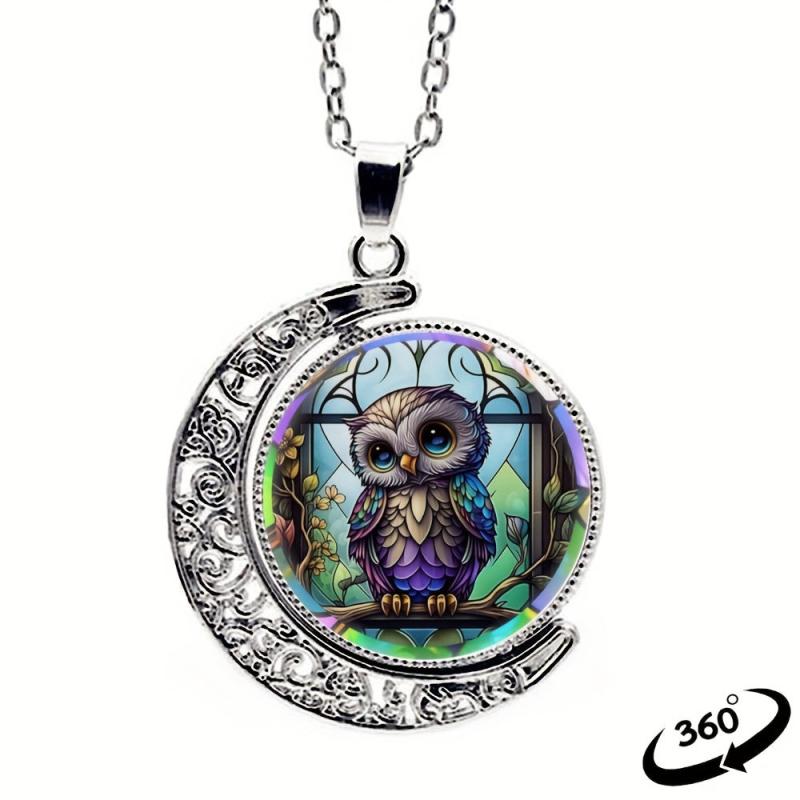 Cartoon Owl Crescent Moon Half Moon Crystal Pendant Necklace