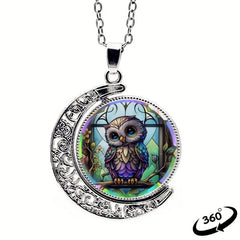 Cartoon Owl Crescent Moon Half Moon Crystal Pendant Necklace