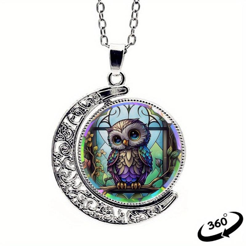 Cartoon Owl Crescent Moon Half Moon Crystal Pendant Necklace