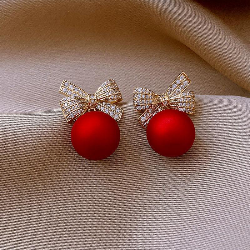 Red Ball Bow Glittering Earrings for Women Girls