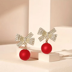 Red Ball Bow Glittering Earrings for Women Girls