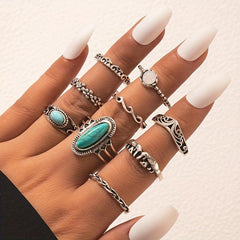 Ethnic Retro Turquoise Carved Feather Ring Combination Ring