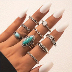 Ethnic Retro Turquoise Carved Feather Ring Combination Ring