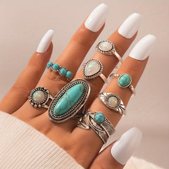 Ethnic Retro Turquoise Carved Feather Ring Combination Ring