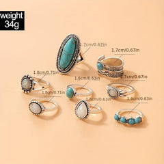 Ethnic Retro Turquoise Carved Feather Ring Combination Ring