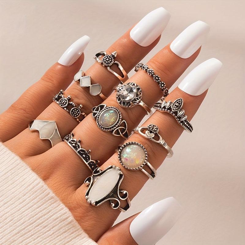 Ethnic Retro Turquoise Carved Feather Ring Combination Ring