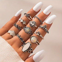 Ethnic Retro Turquoise Carved Feather Ring Combination Ring
