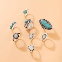 Ethnic Retro Turquoise Carved Feather Ring Combination Ring