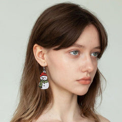 Red Hat Snowman Wooden Earrings Holiday Gift Sweet Jewelry