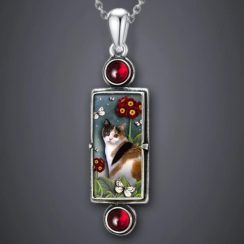 Retro Kitten Pendant Necklace Cat Pattern Pendant With Red Faux Gemstone