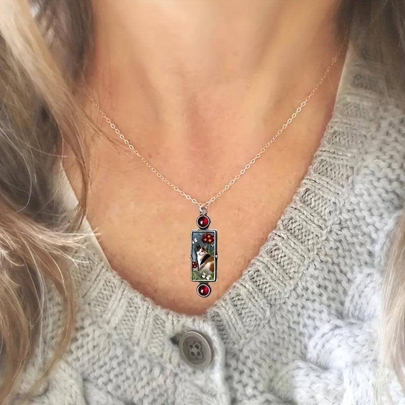 Retro Kitten Pendant Necklace Cat Pattern Pendant With Red Faux Gemstone