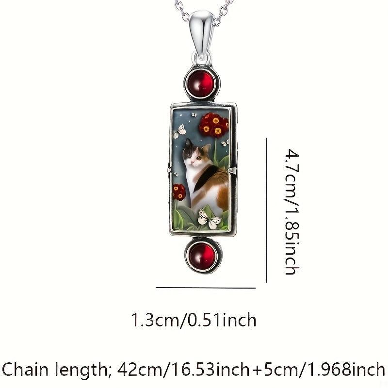 Retro Kitten Pendant Necklace Cat Pattern Pendant With Red Faux Gemstone