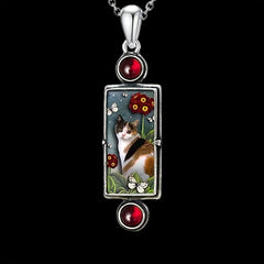 Retro Kitten Pendant Necklace Cat Pattern Pendant With Red Faux Gemstone