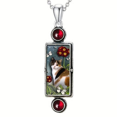 Retro Kitten Pendant Necklace Cat Pattern Pendant With Red Faux Gemstone