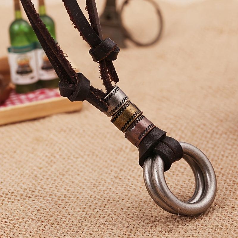 Double Ring Leather Men's Necklace Coffee