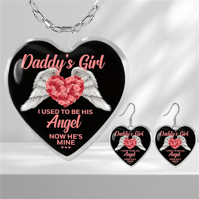 Pink Gemstone & Wing Heart Glass Pendant Earrings for Girls