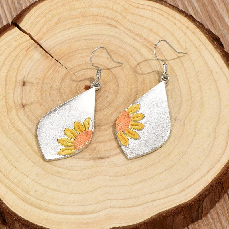 Boho Sunflower Leaf Dangle Earrings Silver Color