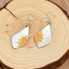 Boho Sunflower Leaf Dangle Earrings Silver Color