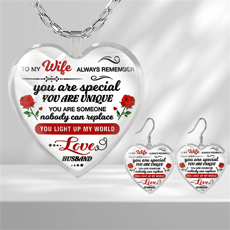 To My Wife Heart Shaped Glass Pendant Necklace Earrings Set