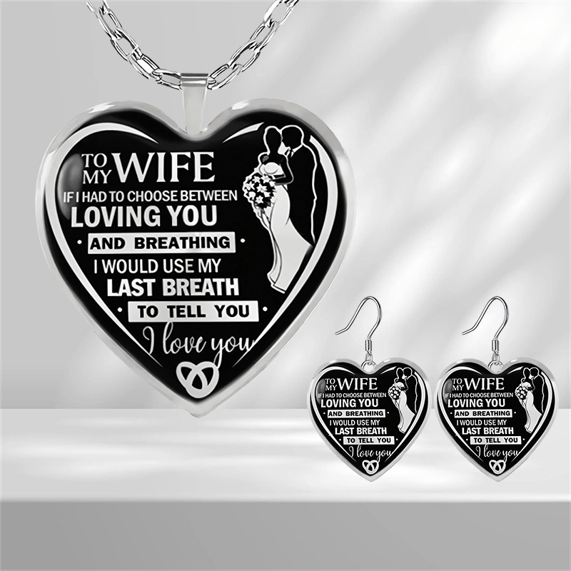 Heart Glass Pendant Earrings Necklace Set for Wife